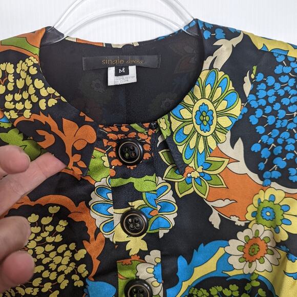 Vintage Y2K Single Dress Silk Floral Psychedelic Pattern Collared Tulip Sleeve - Picture 4 of 12